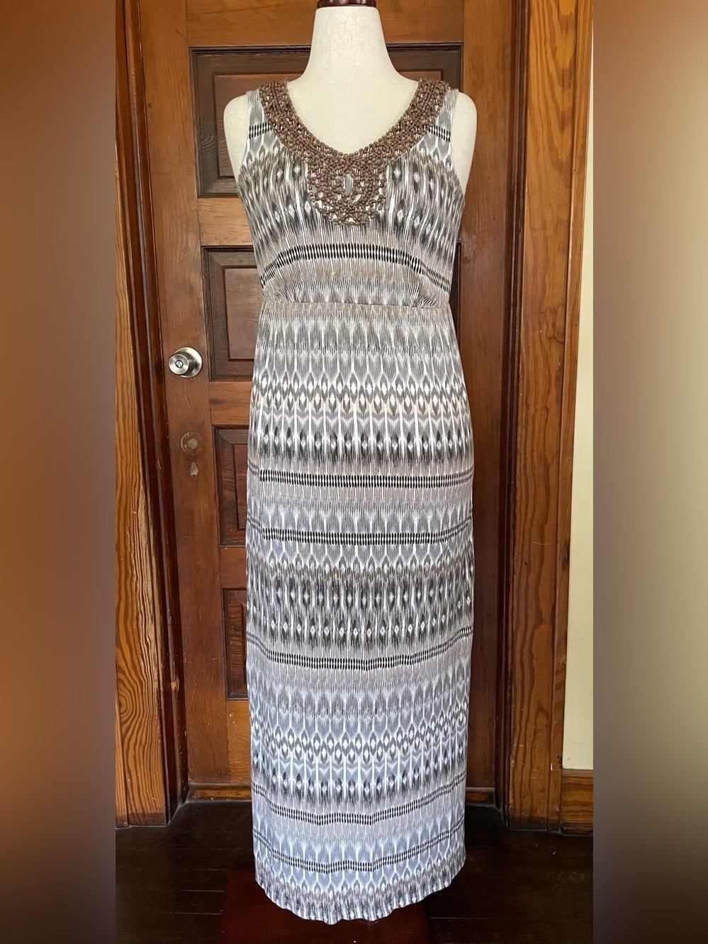 Sonoma Gray Patterned Sleeveless Maxi with Beaded Neckline